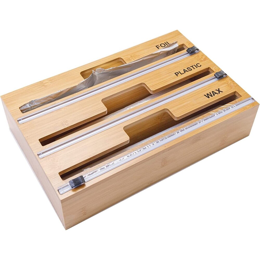 Bamboo Reusable 3in1 Wrap Dispenser w/Cutter & Labels, Aluminum Foil, Wax Paper